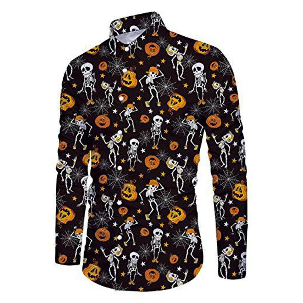 Halloween Long Sleeve Shirts Men's Pumpkin Head Printed Shirt Adult Street Casual Print Button down Top Party Suit