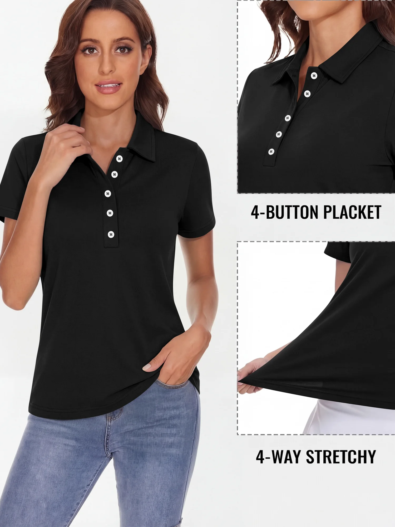 Comfortable Solid Color Polo Tee For Women Lapel Neck Half‑Button Short Sleeve Slim Tees Casual Street Daily Summer Outfit Tops