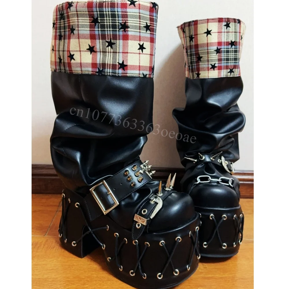 

Patchwork Matte Leather Punk Boots Muffin Bottom Cool Girl Shoes for Women Chunky Heels Fashion Shoes 2025 Zapatos Para Mujere