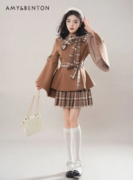 

2025 Autumn Winter New French Style High-End Gray and Brown Woolen Coat and Pleated Skirt Two-Piece Set for Women