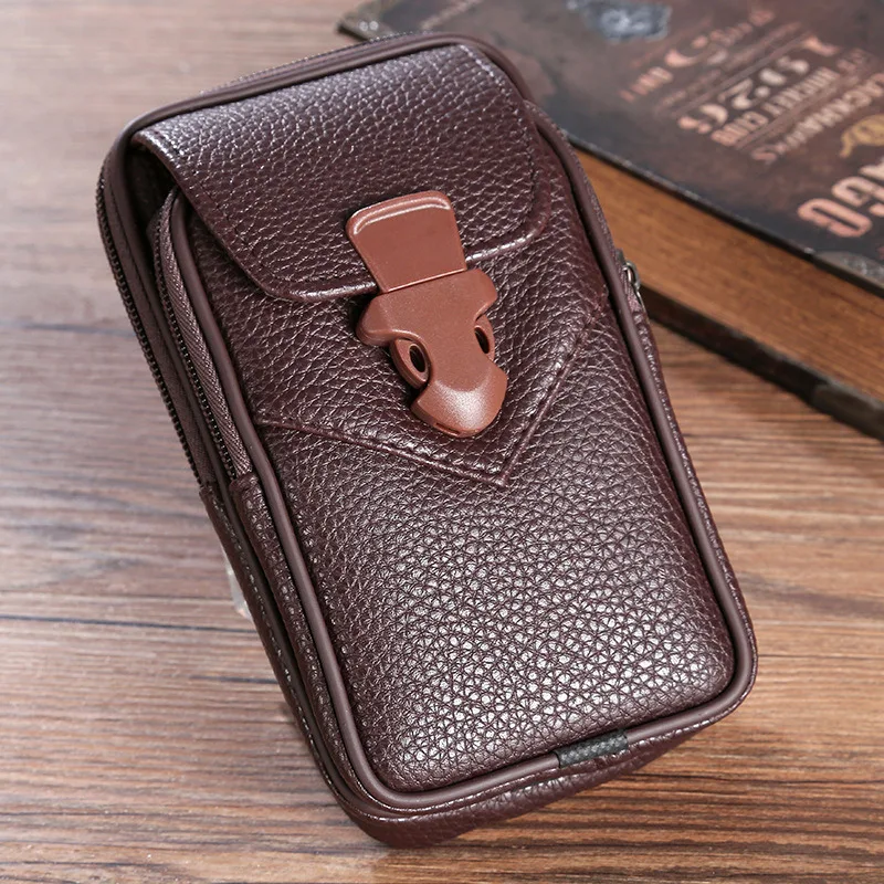 Multifunctional Leather Waist Packs Solid Color Men Business Style Belt Bag Horizontal And Vertical Section Wallet Case Purse