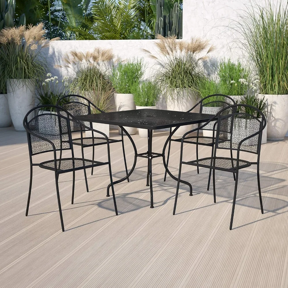 5 pieces commercial grade steel terrace table and chair set, outdoor dining set, square table and 4 round-backed chairs