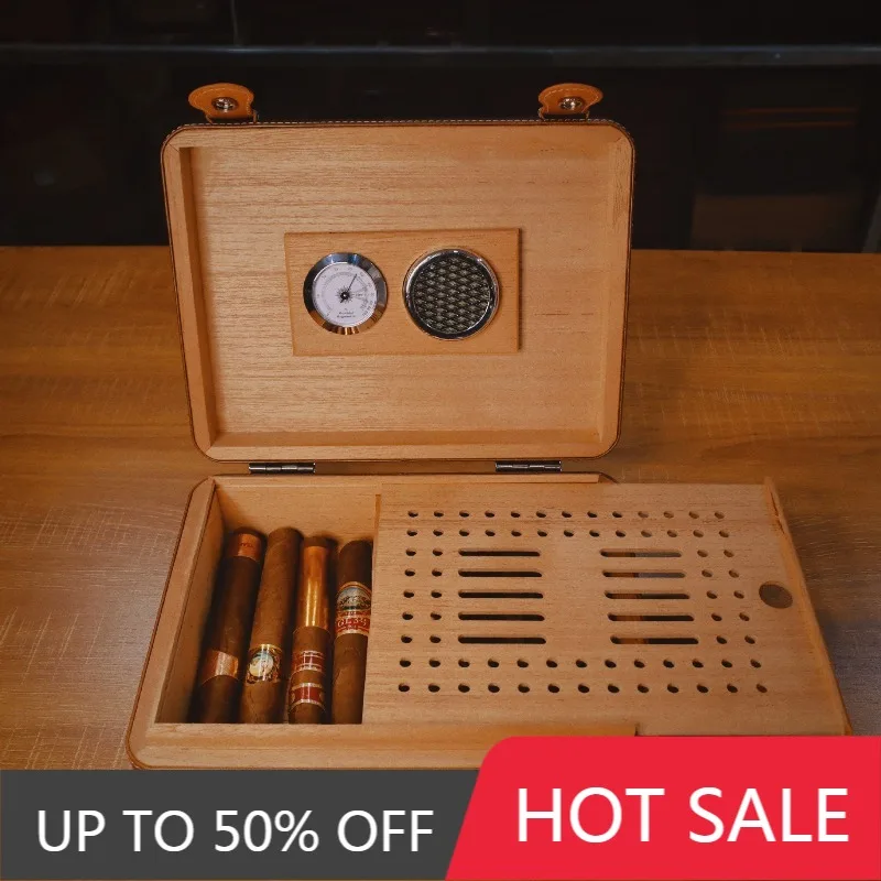 Luxury Cigar Humidor Cedar Wood Travel Cigar Cases Leather Cigars Storage Boxes Portable Cigars Humidors Smoking Accessories
