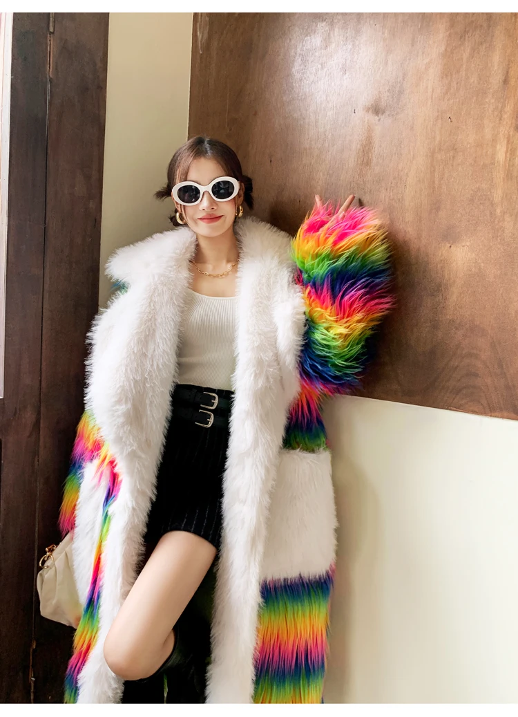 Lady Personalized Rainbow Faux Fur Coat Contrast Color Long Jacket Female Streetwear Women\'s Winter Coats Performance Costume