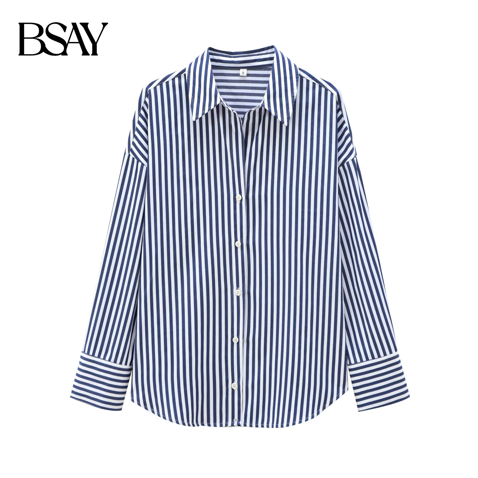 BSAY المرأة موضة جديدة شريطية الأساسية البوبلين كم طويل واحدة الصدر التلبيب بلوزة الشارع الملابس قميص شيك السيدات