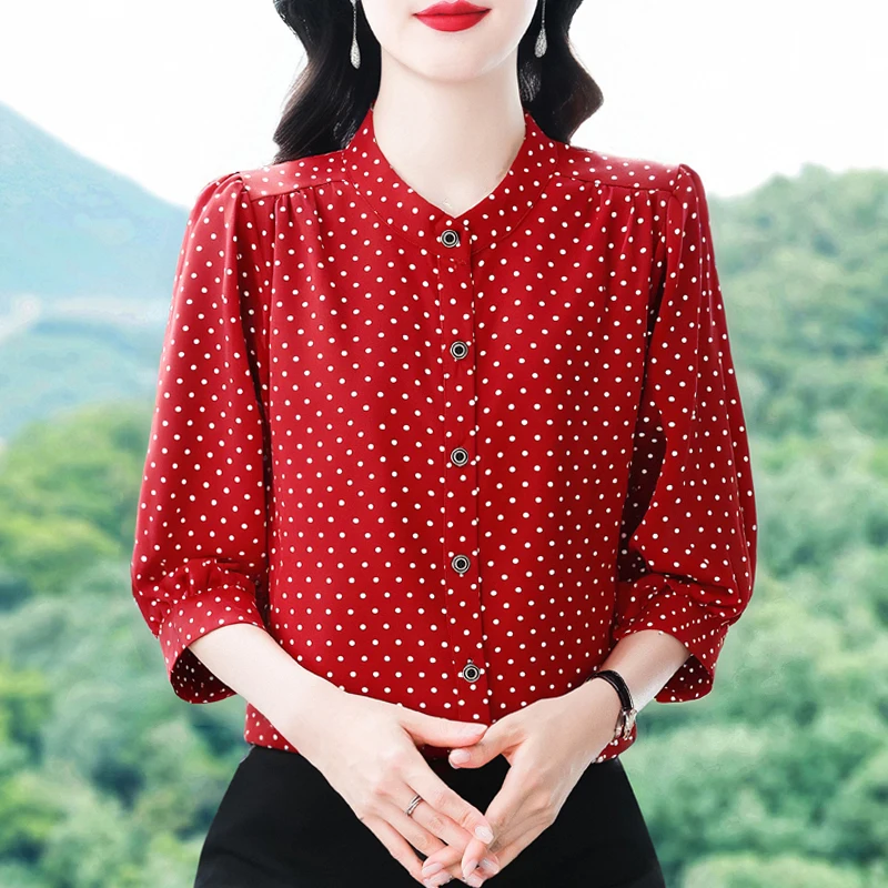 

2025 Spring Summer Women Blouse New Fashion Stand Collar OL Tops Single Breasted 3/4 Sleeve Casual Polka Dot Shirt