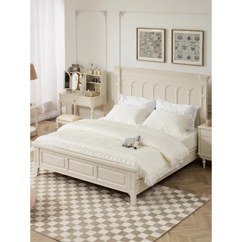 French cream style solid wood bed, simple white American master bedroom furniture, log high box storage, 2m double bed