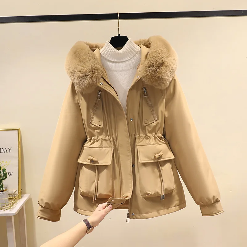 Women's Autumn Winter Top Coat Cotton Coat Fur Collar Thickened Fleece Lining Comfortable Casual Design Niche Versatile Skinny