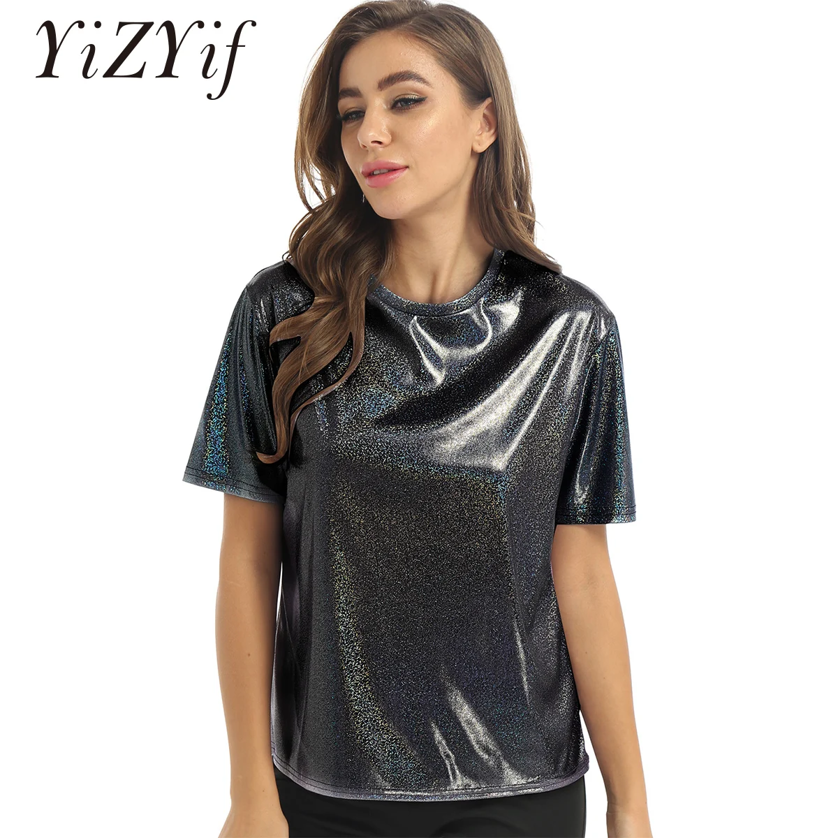 Womens Fashion Holographic T-Shirt Clubwear Shiny Metallic Casual Loose Top Sparkling Festival Party Tee Shirt Female Clothes