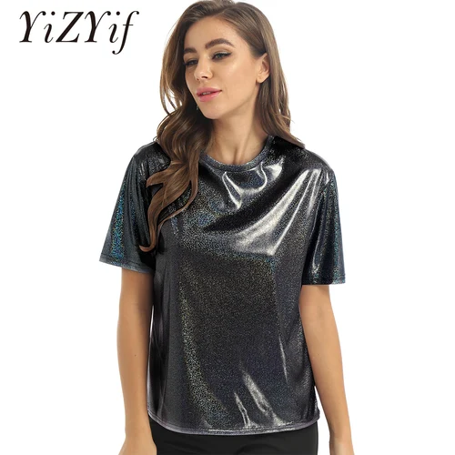 Camiseta holográfica de moda para mujer, ropa de discoteca brillante, Top suelto informal metálico, Camiseta brillante para fiesta y Festival