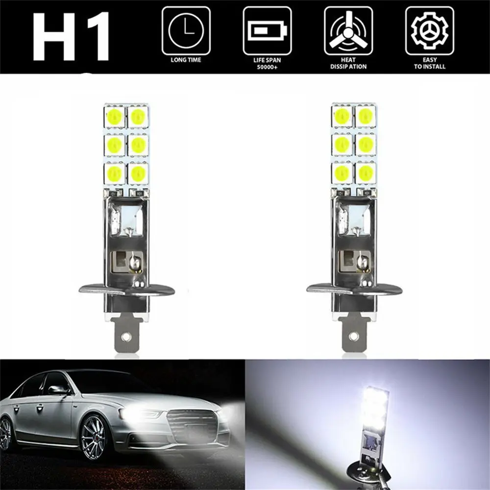 2Pcs/Set Super White 12SMD-5050 6000K H1 55W LED Hi/Low Kit Beam Turn Signals Car Fog Light DRL Headlight Driving Bulb