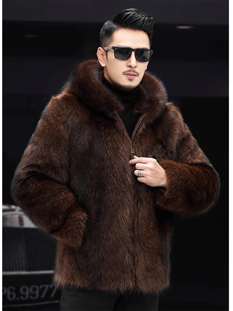 Coffee Fluffy Fur Coat 2024 Luxury Winter Warm Faux Fur Coat Men Zipper Hooded Thicken Fur Jacket Furry Outerwear Large Size