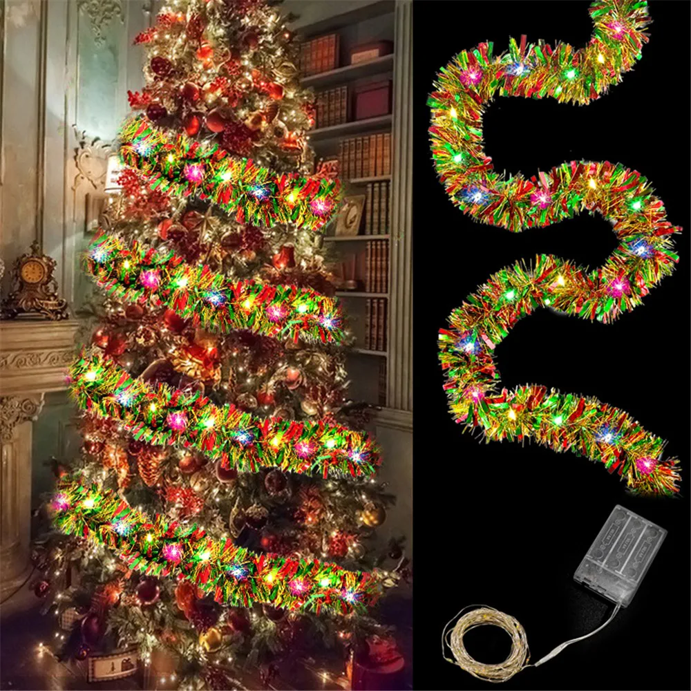 1pc Thick Dingion Christmas Garland - 16 Ft Metallic Shiny Tinsel with LED Lights for Tree Decoration - Indoor Outdoor Xmas