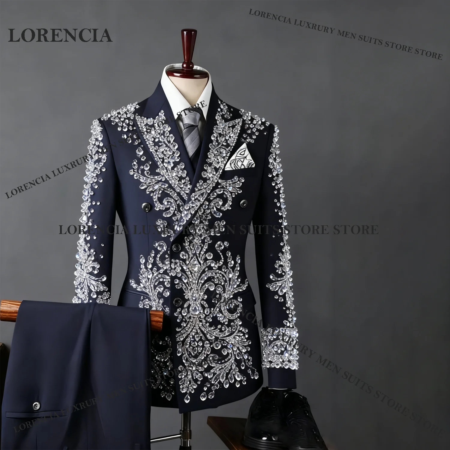 

Sparkly Diamond Design Customized Luxury Men Suits Fashion Wedding Tuxedos Slim Ropa hombre 3 Pieces Sets Groom Male Blazers