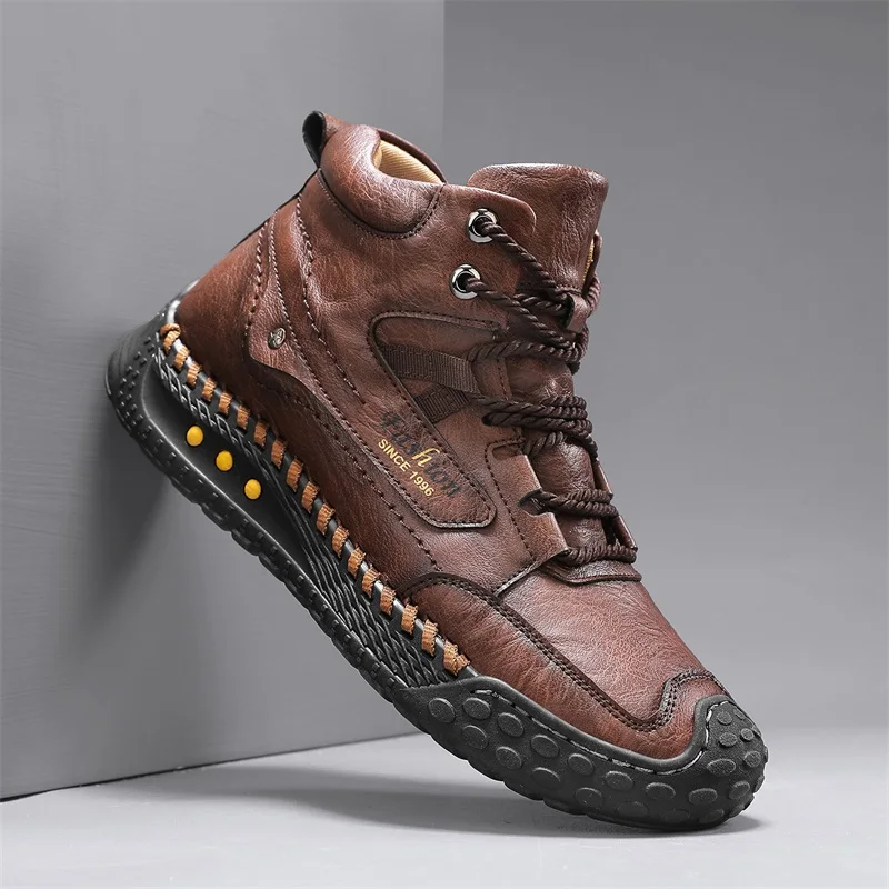 

Men's Hand-Stitched Fashion Boots, Retro Lace-Up Mid-High Casual Shoes, Suitable for Spring and Autumn Daily Wear