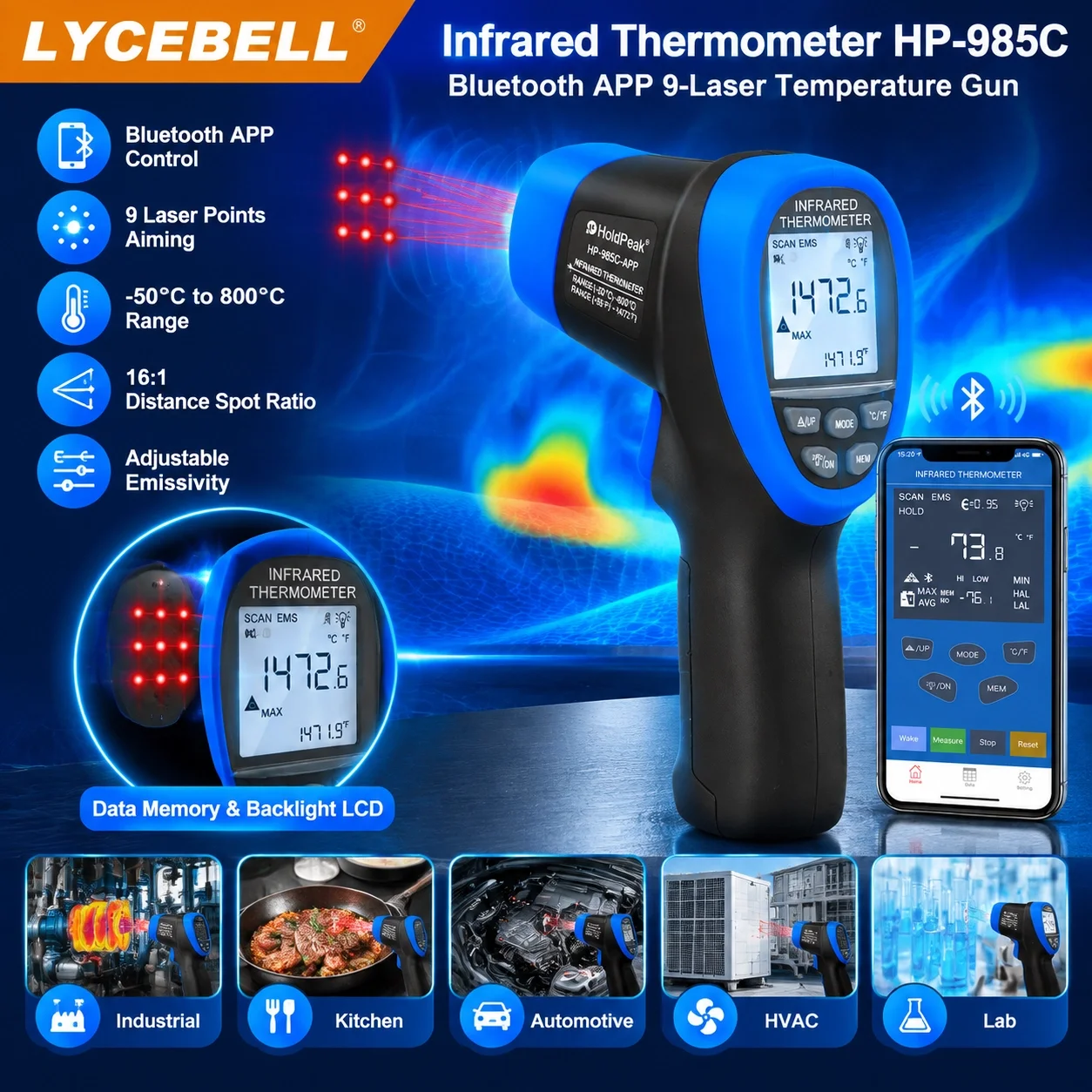 HoldPeak 985C-APP Infrared Thermometer -50℃~800℃ Laser 16:1 Emissivity Adjustable MAX/MIN/AVG Alarm Bluetooth APP
