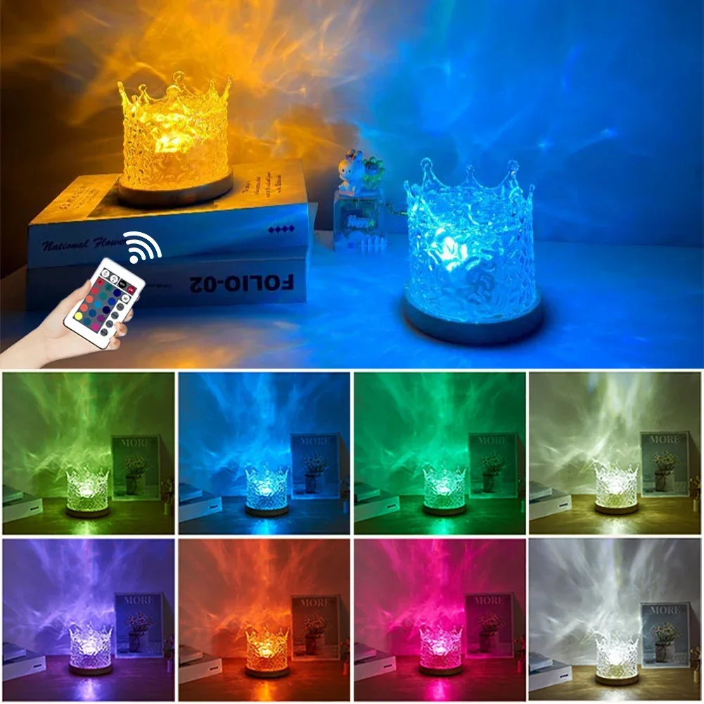 LED 물 잔물결 분위기 야간 조명, USB 회전 프로젝션 크리스탈 테이블 램프, RGB 조도 조절, 침실 침대 옆 게임 룸 선물