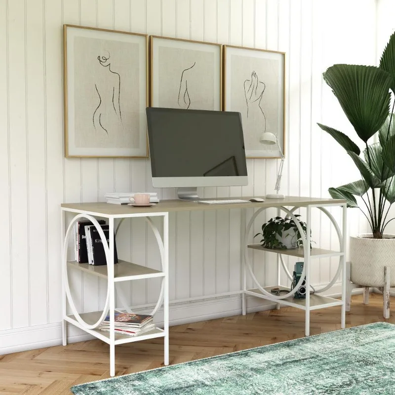 Double Pedestal Wooden Desk Home Office Computer Workstation Writing Table Storage Drawers Study Desk Decor Furniture