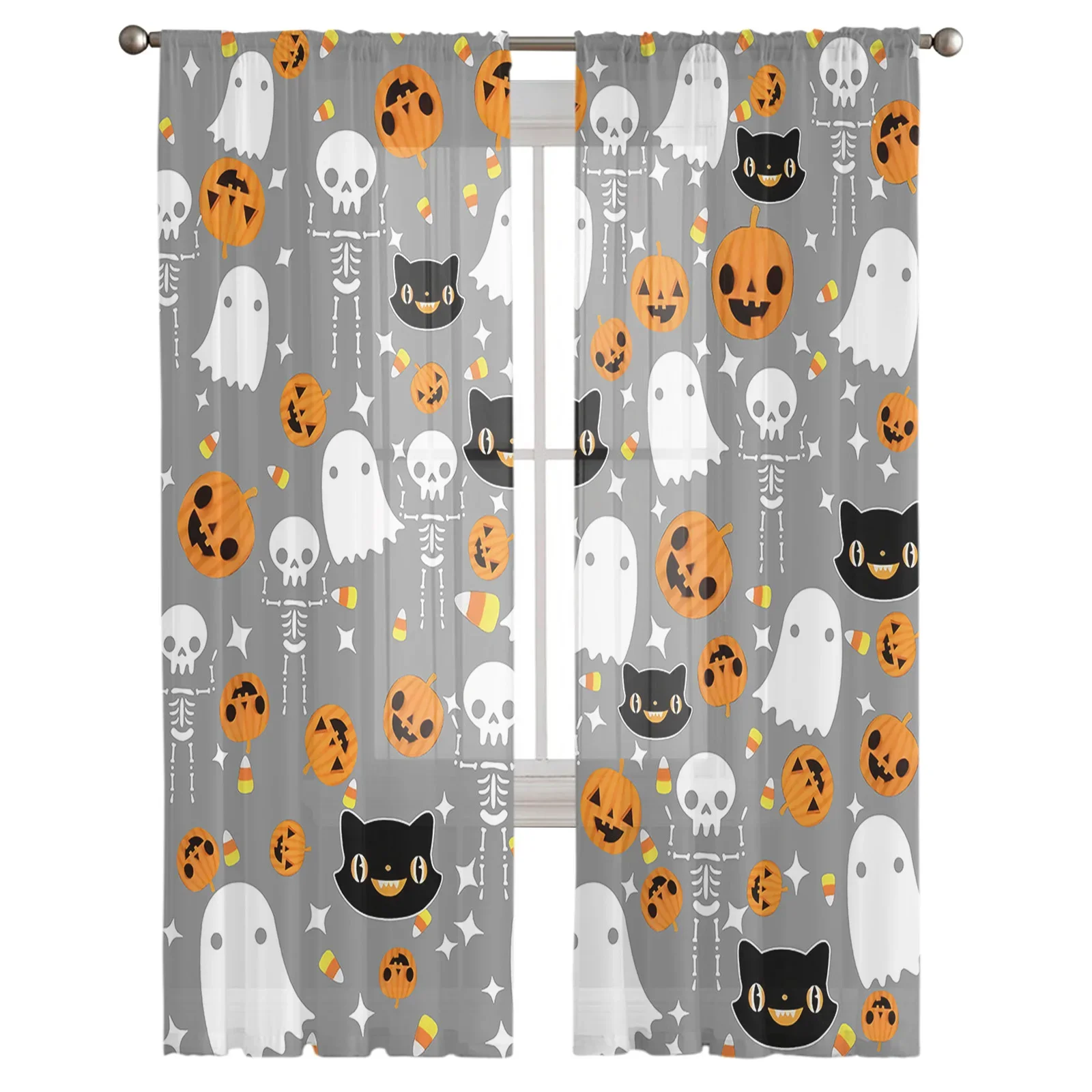 Halloween Pumpkin Candy Black Cat Sheer Curtains For Living Room Tulle Window Curtain Bedroom Kitchen Veil Drapes