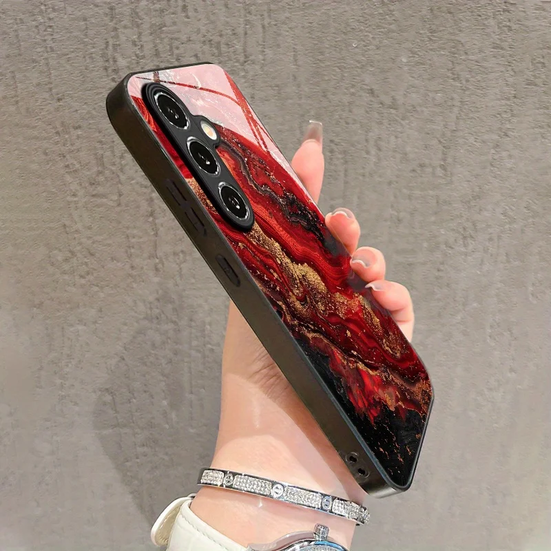 Red marble patterned glass phone case suitable for Samsung Galaxy S26 S25 S24 S23 S22 S20 FE/Ultra/Plus anti drop back cover