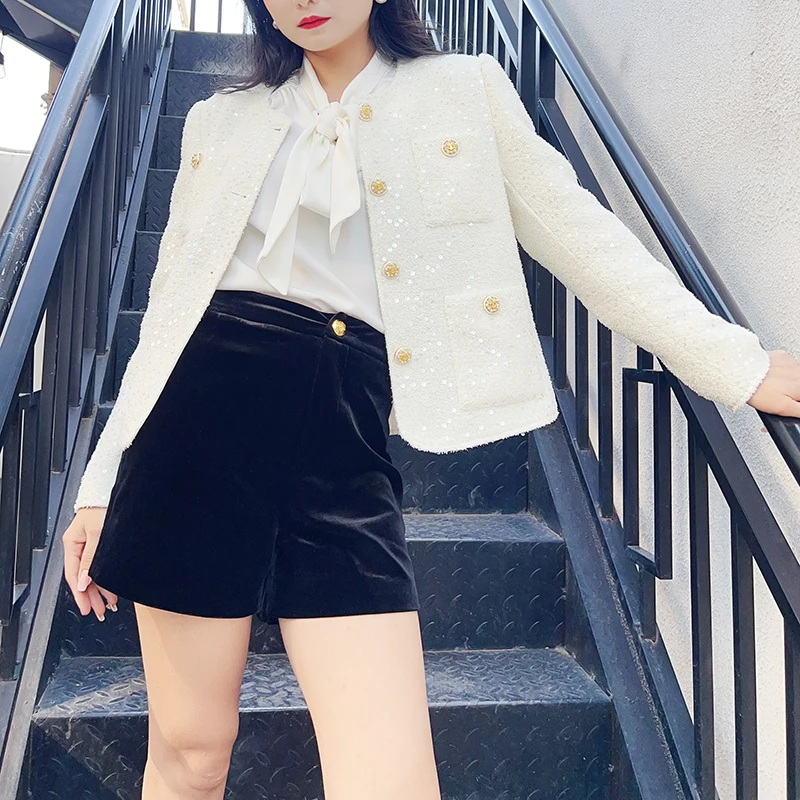 Luxury White Tweed Jacket Sparkly Sequins Gold Buttons O-Neck Cropped Blazer Coat 28506