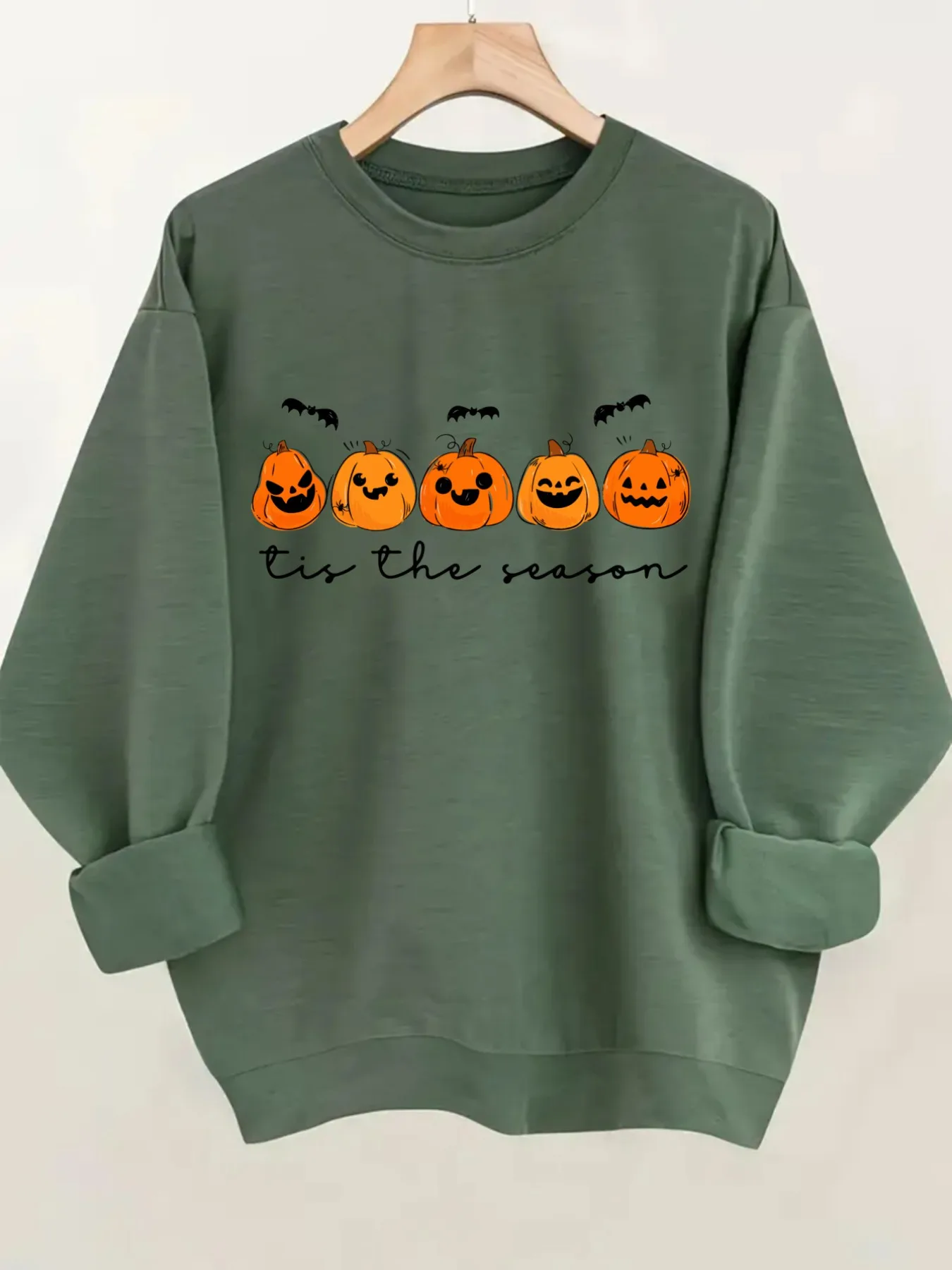 Women's Crewneck Pullover Sweatshirt Pumpkin Bat Season Design, Soft Casual Long Sleeve, Daily Casual Top Outfit, Winter Women's Clothing, Halloween Costume Outfit