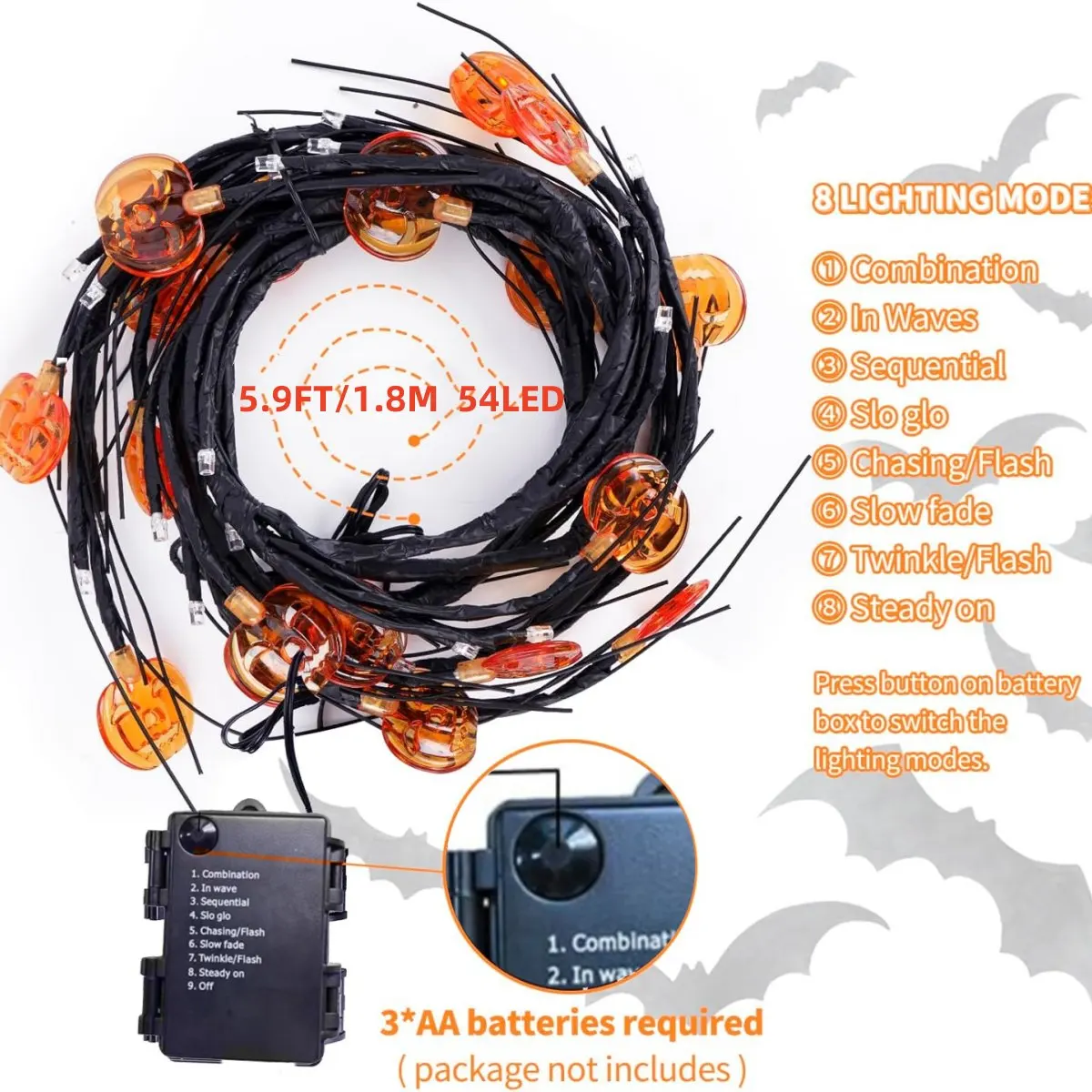 1PC 54LED Halloween Pumpkin String Light Waterproof Black Willow Vine Light Bendable Tree Lamp With Pumpkin For Party Decor