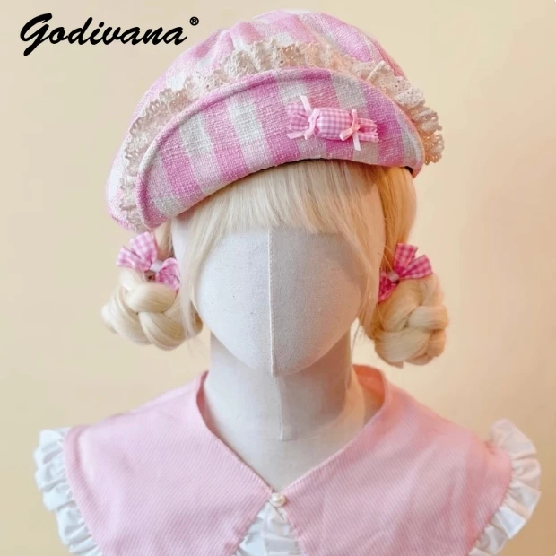 Originele Handgemaakte Kleine Apple Snoep Geborduurde Geruite Baret Nieuwe Vrouwen Lolita Caps Hoeden Meisjes Cos Baretten