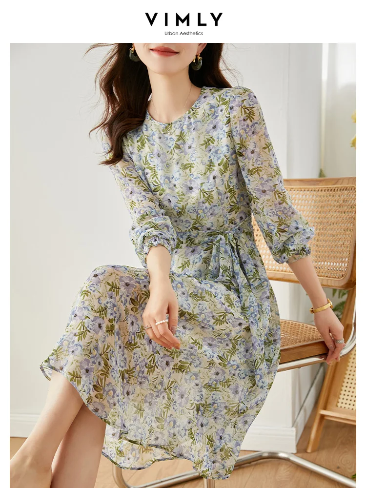 Vimly Elegant Fairycore Floral Black Dresses for Women 2023 Spring Chiffon A-line Slim Belt O-Neck Long Sleeve Midi Casual Dress