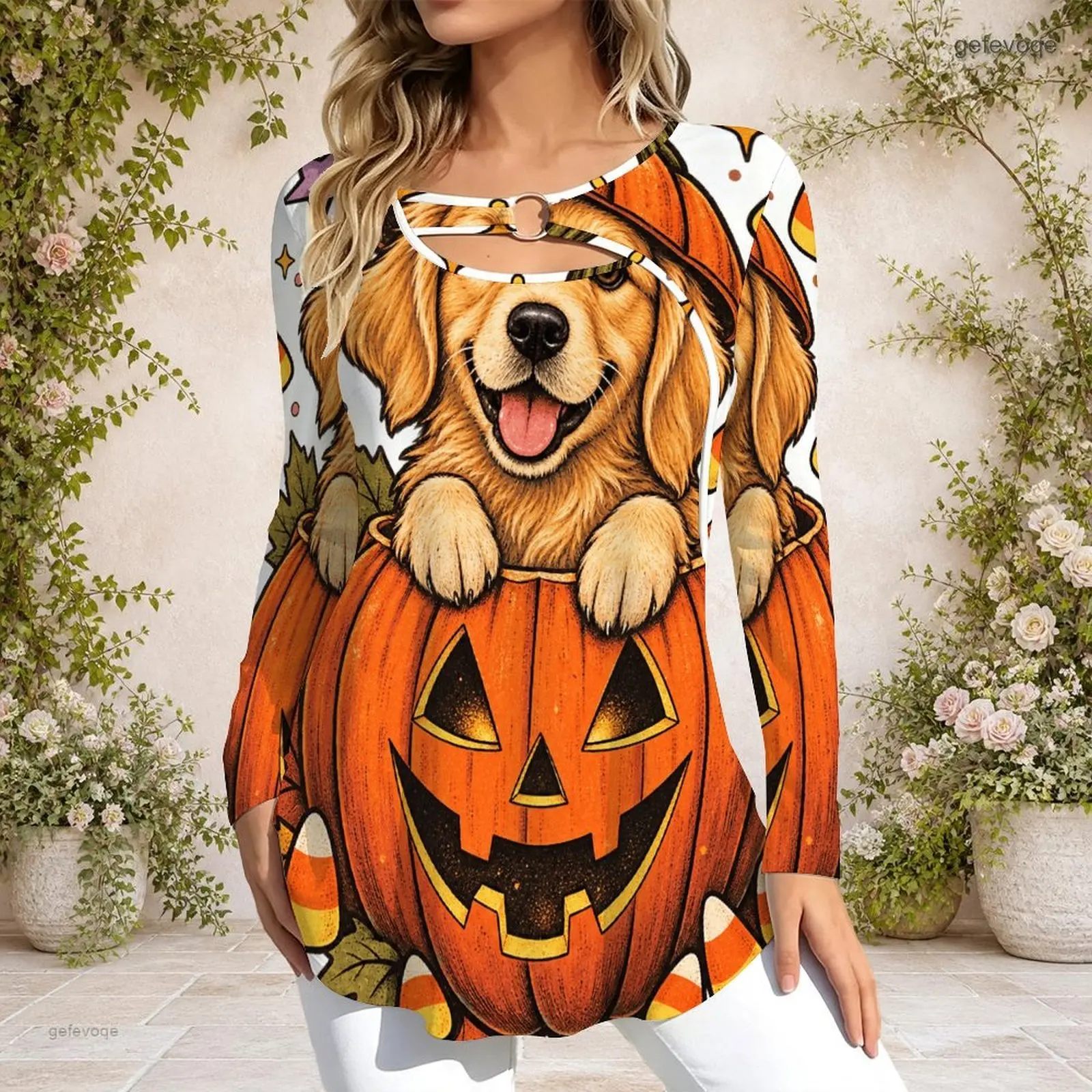 Women Keyhole Ring Neck Long Sleeve Flared Hem Printed Top