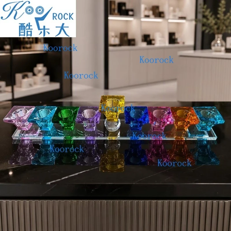 9 Branch Crystal Glass Menorah Transparent Multicolor Hanukkah Candle Holder