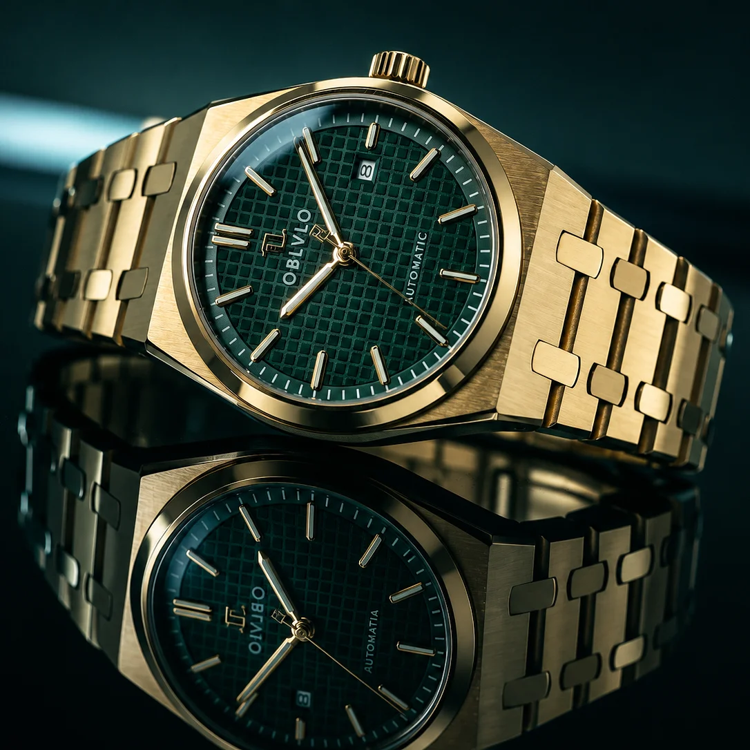 OBLVLO Luxury Mens Watch Yellow Gold Green Dial Mechanical Watches Luminous 50M Waterproof Automatic Casual Watch for Men TM-SIM
