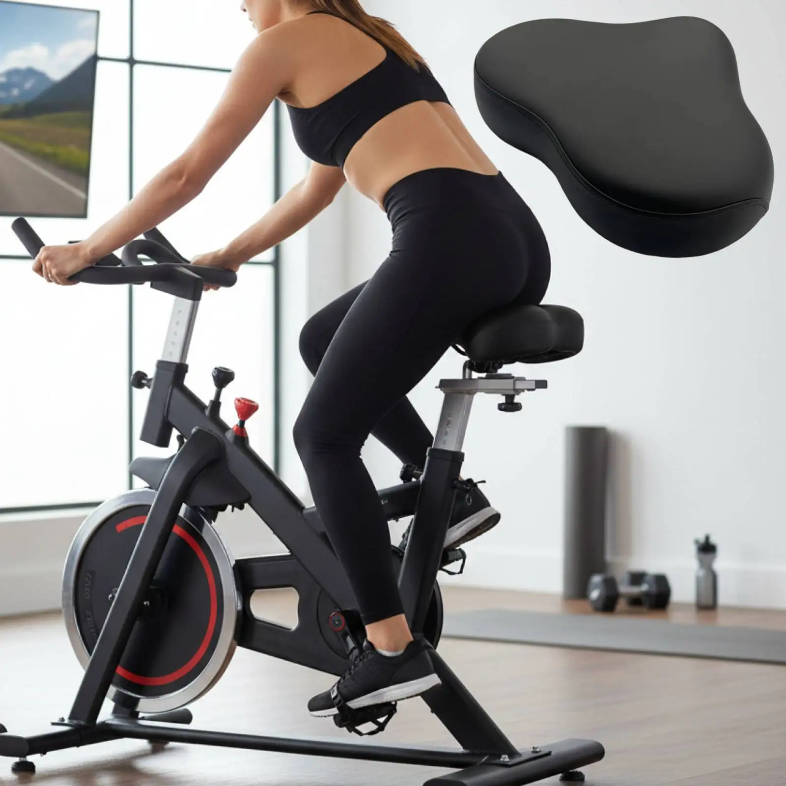 

Черное комфортное велосипедное сиденье из ПУ с амортизацией, широкое седло-подушка для велотренажера, аксессуар для велоспорта в помещении