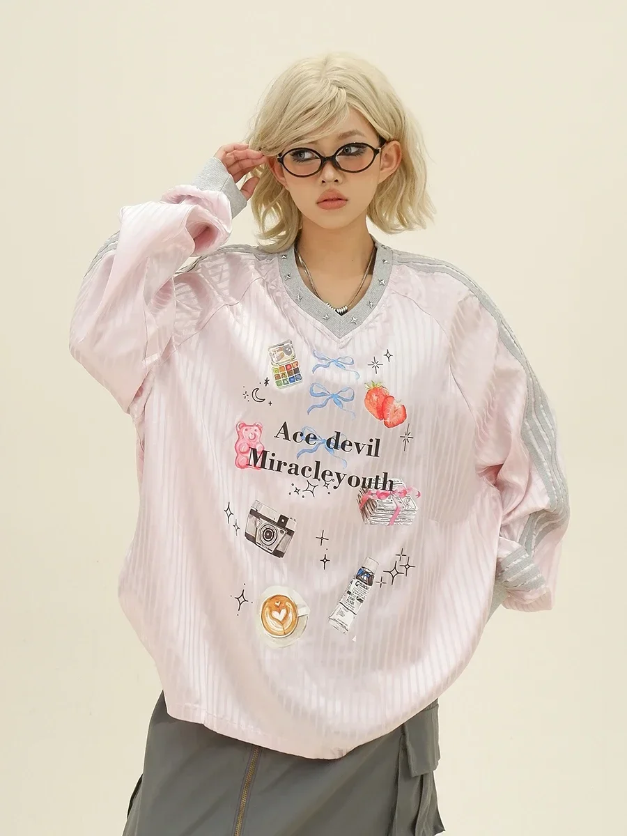 Cartoon Willow Nail Long-sleeved T-shirts 2024 Autumn New Loose Bf American College Top Women