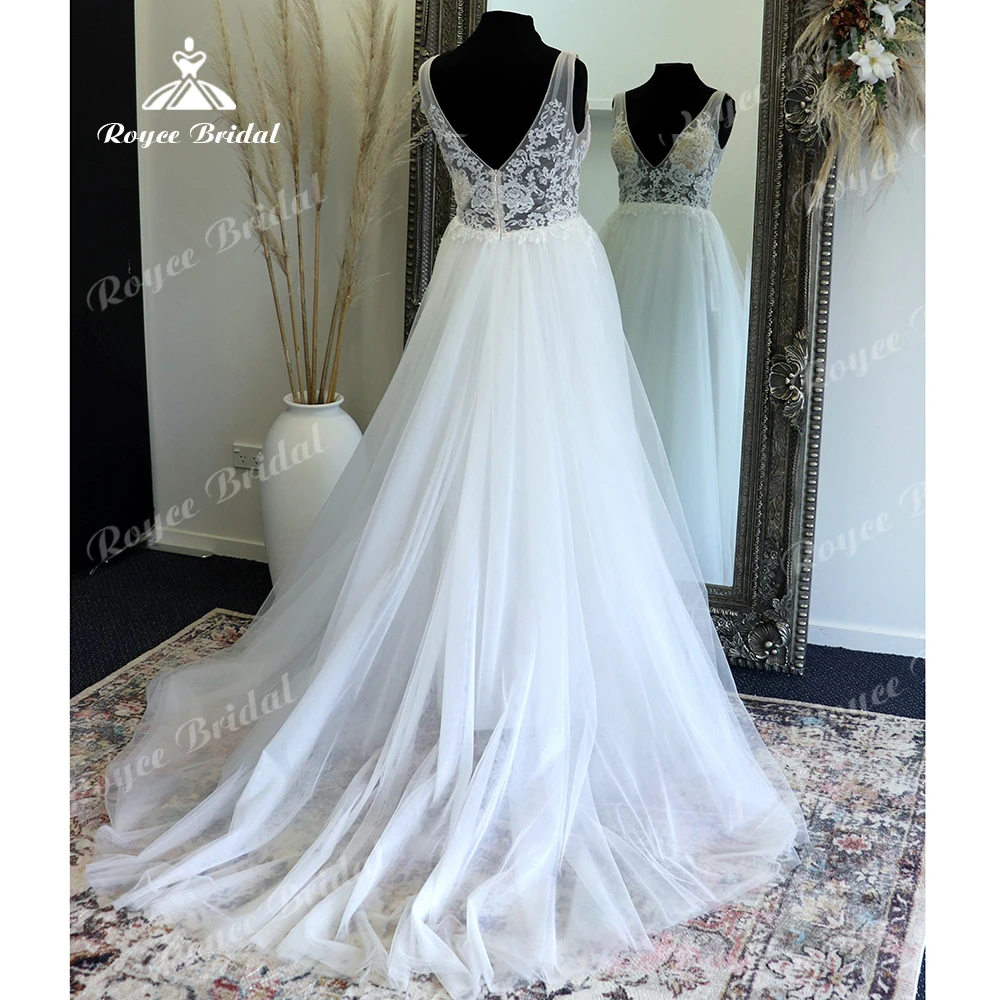 Roycebridal-vestido de novia con apliques de encaje, traje Sexy de tul con cuello en V, espalda abierta, estilo bohemio, Sukienka, verano, 2025