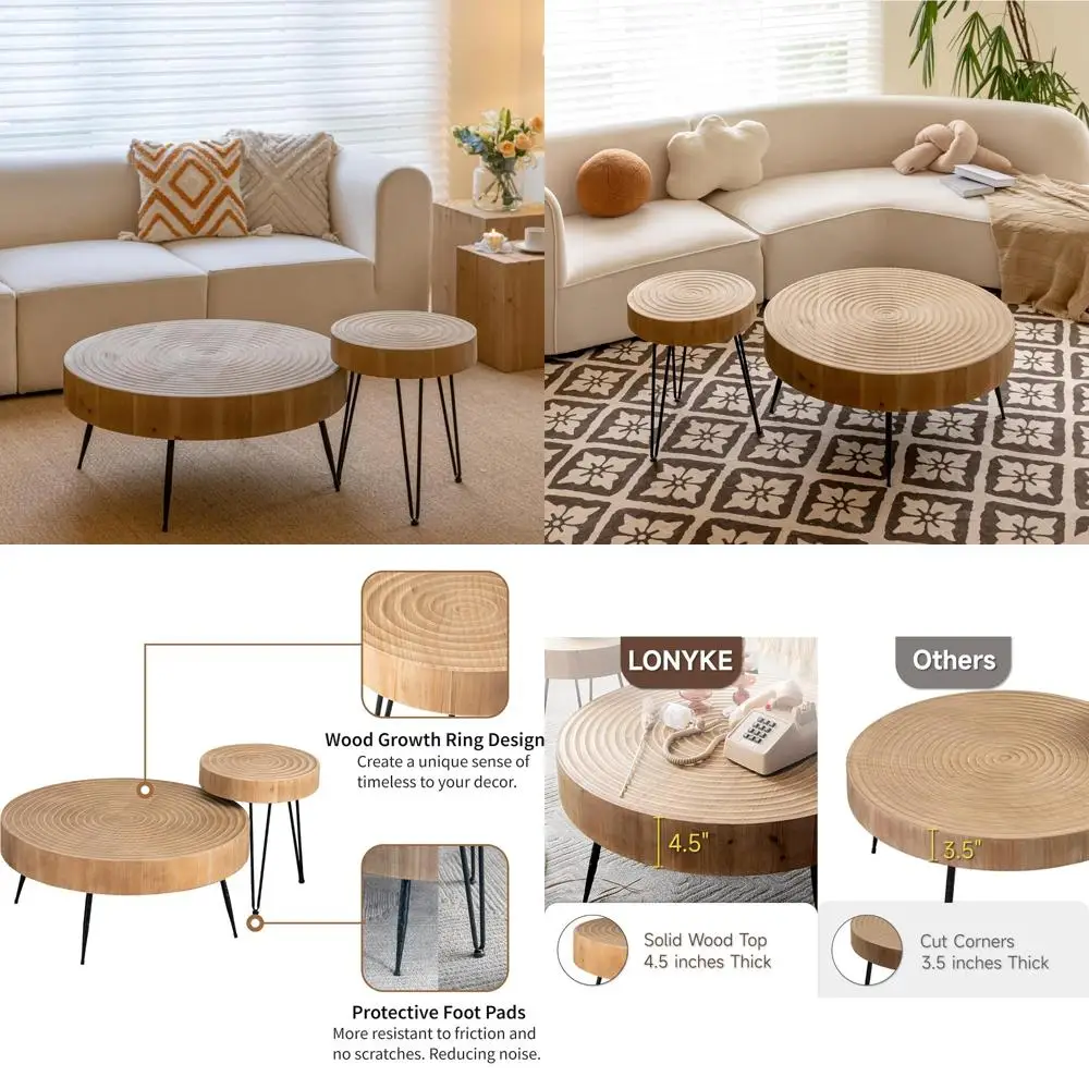 Mesas nido estilo granja boho con motivo de anillo de madera, juego de mesa de centro redonda con acabado natural para sala de estar