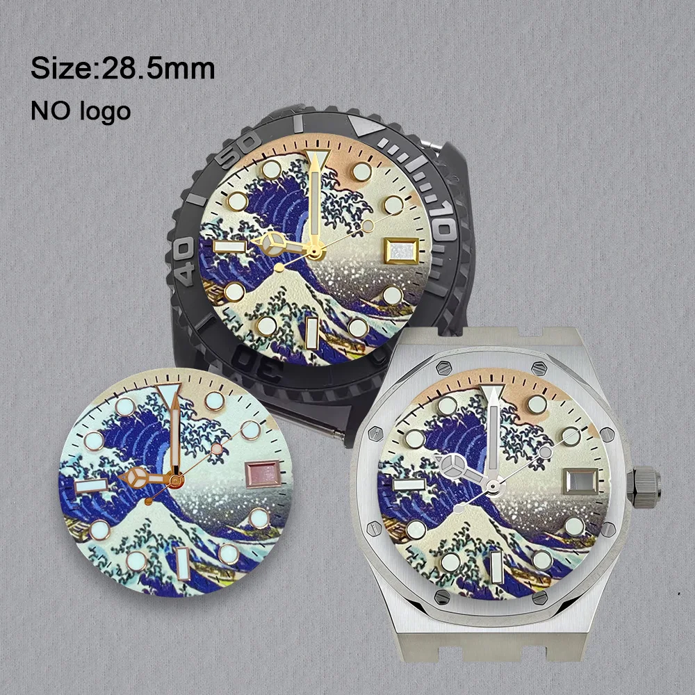 28.5mm No Logo Wave Pattern Dial For NH35 Movement Green Luminous Custom Logo Watch Dials Hands Accessories Repair Tools
