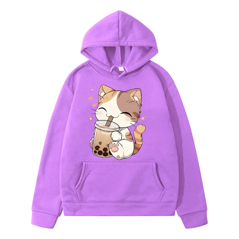 Cute Cat And Bubble Tea Print anime hoodie Fleece Sweatshirt y2k sudadera pullover boy jacket Kawaii Hoodies kids clothes girls