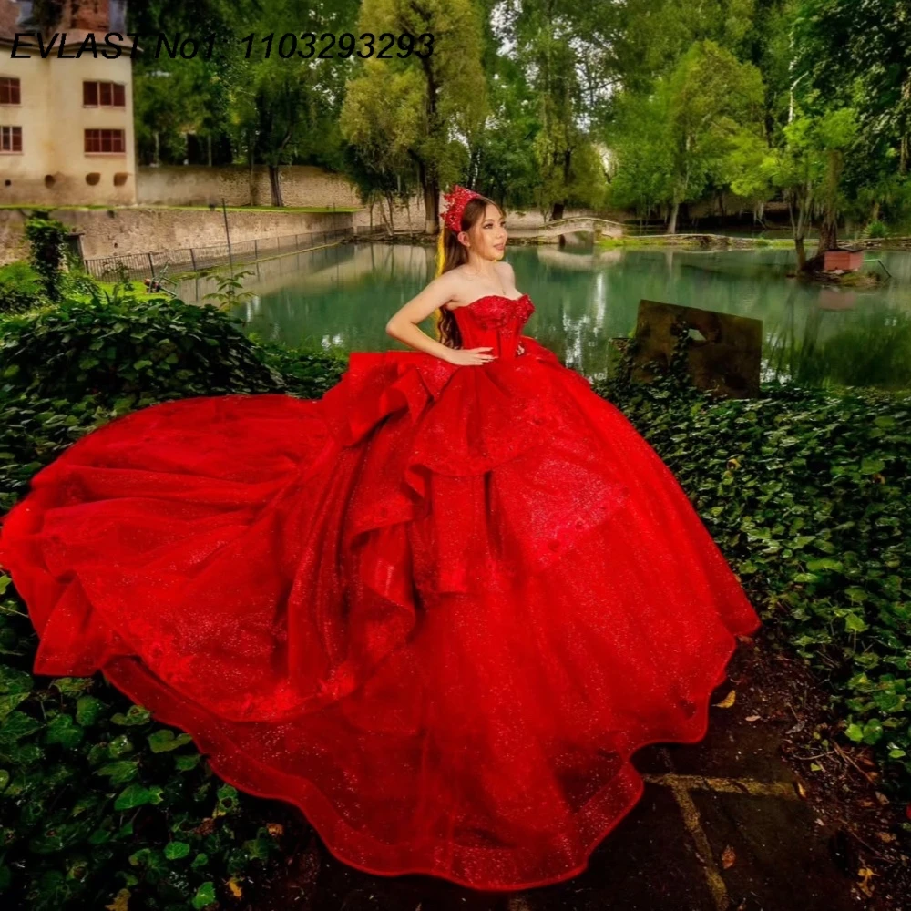 

EVLAST Customized Princess Red Quinceanera Dress Ball Gown Applique Beading Tiered Corset Sweet 16 Vestido De 15 Anos E1Q190