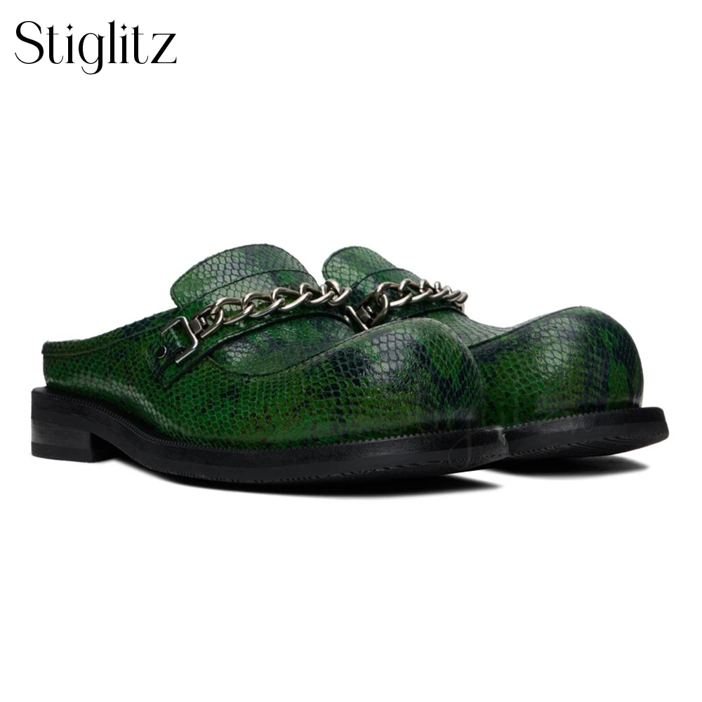 Metallic Ketting Heren Muiltjes Designer Stijl Loafers Slippers Luxe Multi-Color Lederen Grote Ronde Neus Leren Schoenen Maatwerk