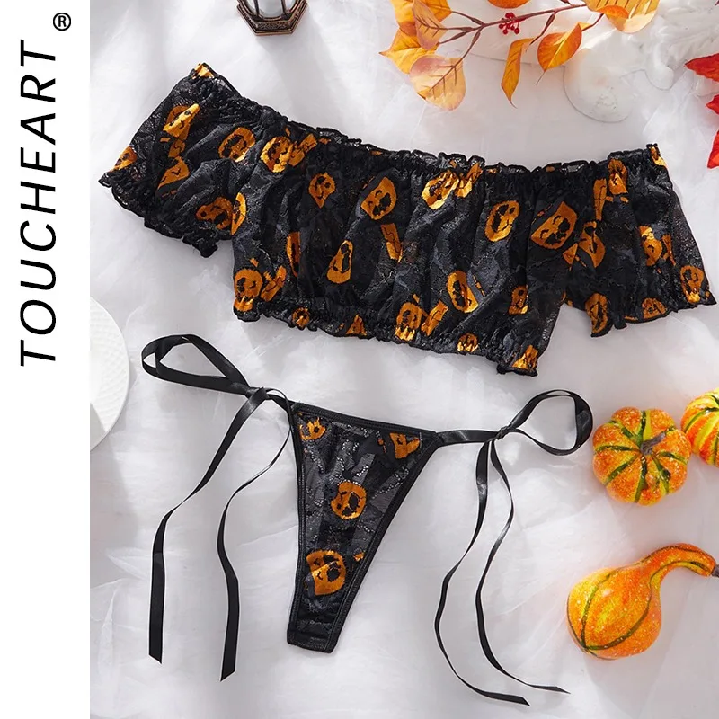 

Toucheart Halloween Pumpkin Printing Sexy Clothing Thong Set Slim Off-shoulder Patchwork Women Leisure Cosplay Interesting Set
