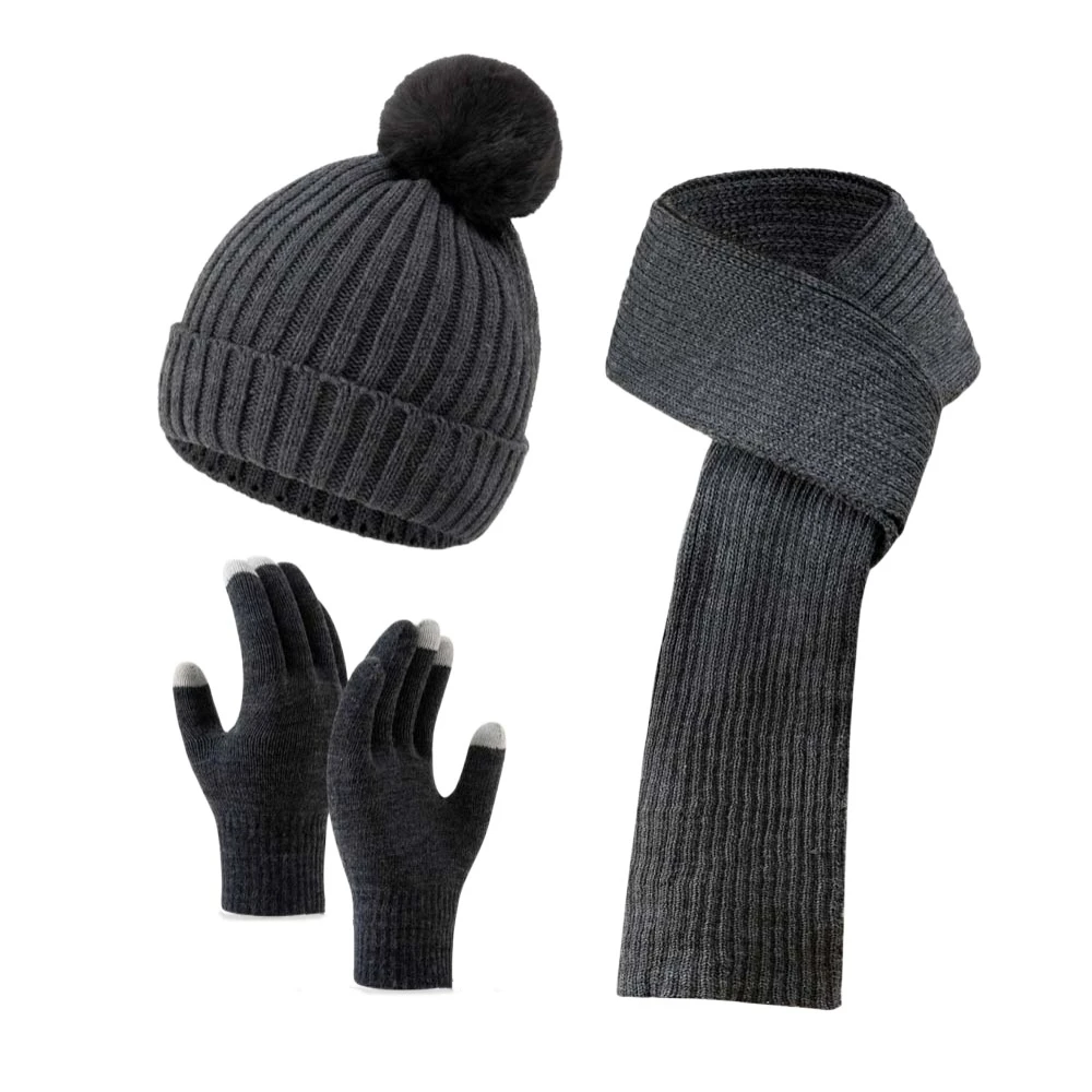 Set Topi Beanie, Syal Elastis, dan Sarung Tangan Hangat, Sarung Tangan Anti Dingin Lembut, Warna Solid, Syal Rajut Layar Sentuh untuk Luar Ruangan