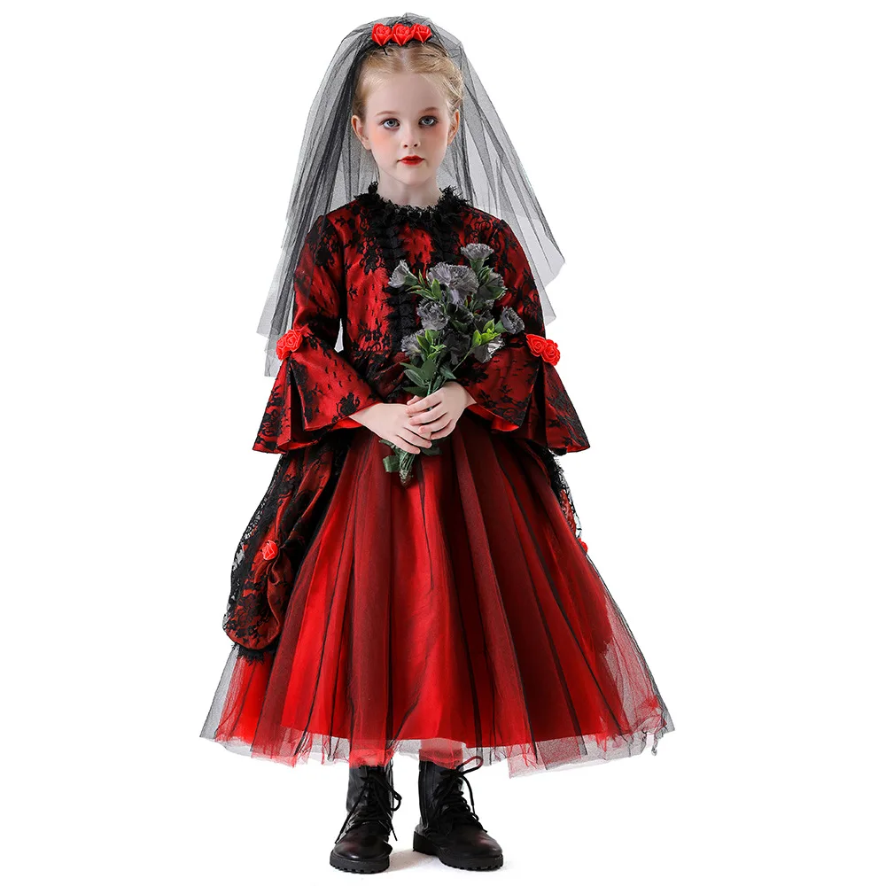 

Ghost Bride Gothic Costume Girls Vampire Cosplay Halloween Dress for Kids Vampiran Carnival Outfit Black Red Clothes