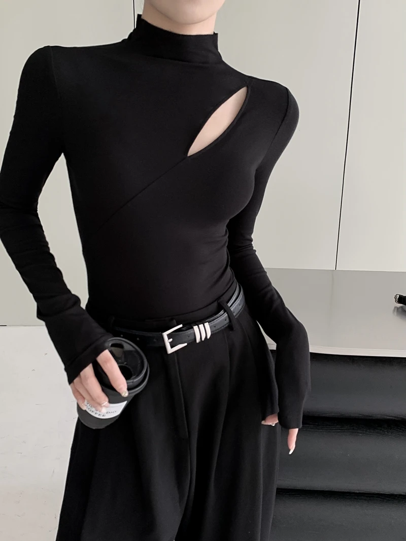 Hollow Sexy Chic Women Black Shirt Autumn Spring Long-sleeved Slim Cropped Tops Y2k Party Club