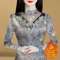 Sexy Lace Gauze Spliced T-shirt Chic Hollow Out Autumn Winter Vintage Paisley Printed Female Clothing Half High Collar Pullovers