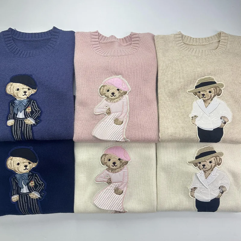 fashion Bear Embroidery Sweater Y2K Tops pink Long Sleeve Women Pullover Thick Knitwear Spring Winter Luxury Design men