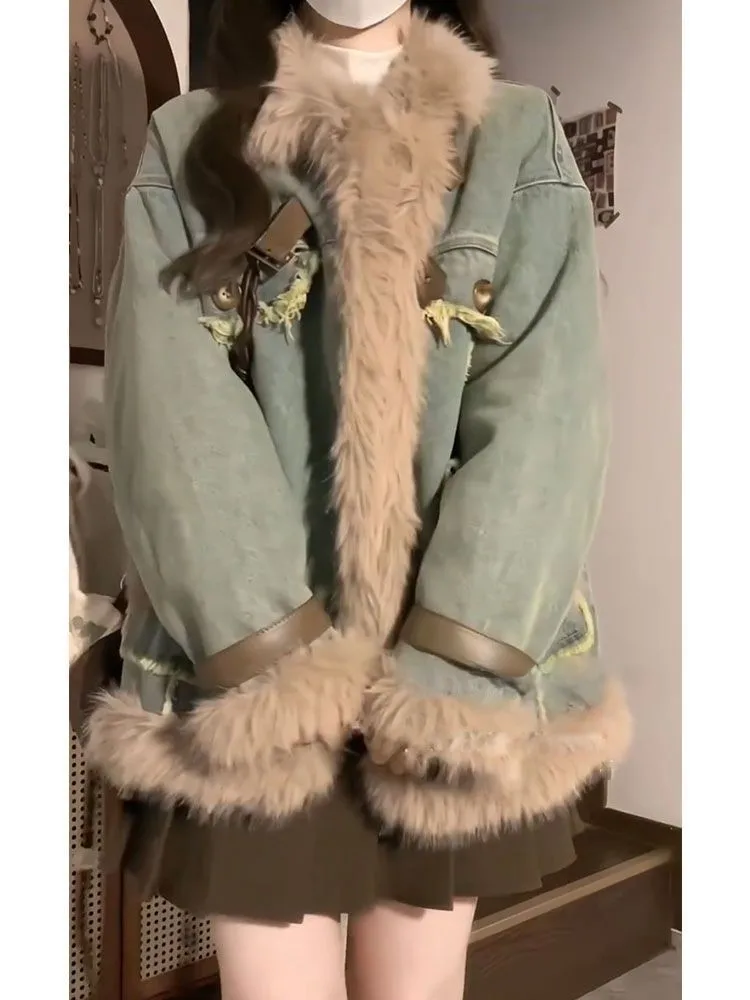 معاطف الدنيم للمرأة طويلة الفراء القطيفة المرأة الشتاء منحوتة الخياطة الحد الأدنى الشارع الشهير الاتجاه الحضرية الاجتماعية المرقعة المفاجئة OL