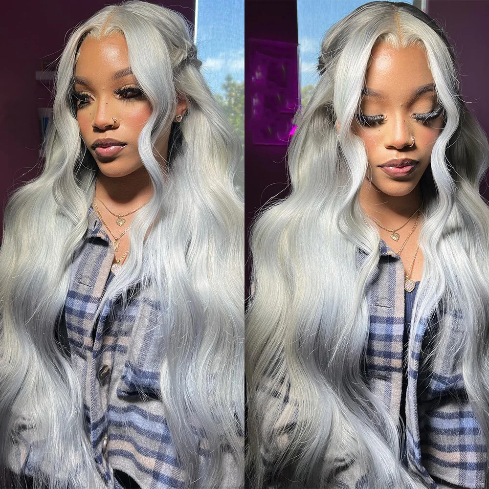 

Linhua Hair Silver Gray Colored Body Wave 13X6 Lace Frontal Human Hair Wig 180% Remy Preplucked #613 13X4 Transparent Lace Wigs