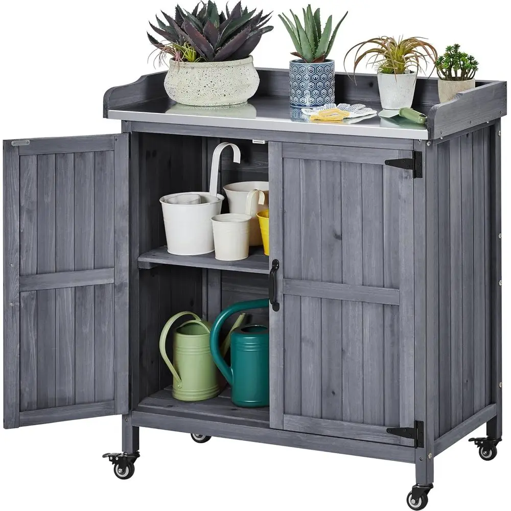 Outdoor Storage Cabinet Potting Bench Table Garden Storage, Gray | Potting bench features galvanized metal tabletop resists dirt