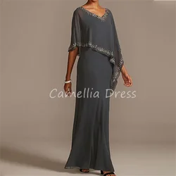 Elegant V-Neck Mother Of The Bride Dress Half Sleeve Chiffon A-line With Beading Formal Dresses Vestidos Mae Da Noiva Casamentos